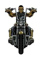 negro hombre montando Clásico motocicleta en frente ver vector