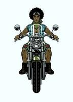 negro hombre afro pelo motorista montando motocicleta frente ángulo vector