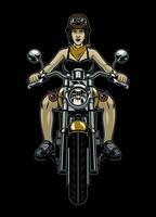 Woman Biker Riding the Old Motorcycle in front View Angle vector