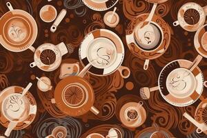 A view from above of the white coffee mugs brown background cappuccino seamless coffeethemed pattern. photo