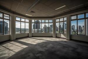 Large empty room overlooking a city cbd. photo