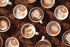 A view from above of the white coffee mugs brown background cappuccino seamless coffeethemed pattern. photo