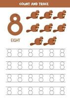 Trace numbers. Number 8 eight. Cute beavers. vector