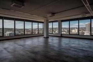 Large empty room overlooking a city cbd. photo