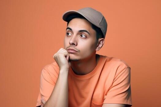 A man is being photographed on a solid background with a look of confusion on his face. photo
