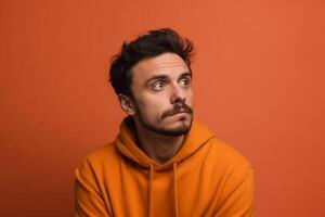 A man is being photographed on a solid background with a look of confusion on his face. photo