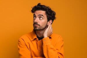 A man is being photographed on a solid background with a look of confusion on his face. photo