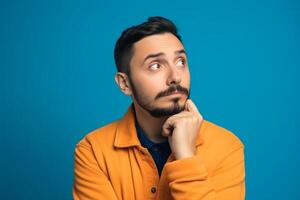 A man is being photographed on a solid background with a look of confusion on his face. photo