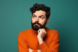 A man is being photographed on a solid background with a look of confusion on his face. photo