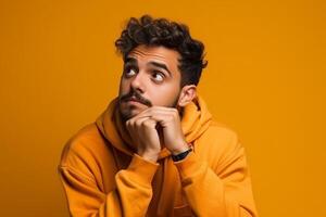 A man is being photographed on a solid background with a look of confusion on his face. photo