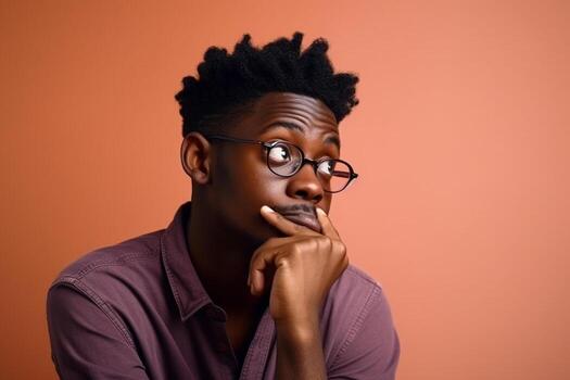 A man is being photographed on a solid background with a look of confusion on his face. photo