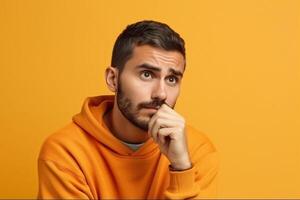 A man is being photographed on a solid background with a look of confusion on his face. photo