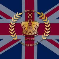 King Charles III 6 May 2023 Coronation banner with golden crown of the King on UK flag background. Vector illustration for cards and covers.