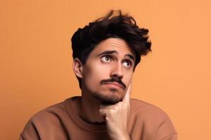 A man is being photographed on a solid background with a look of confusion on his face. photo