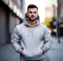 content, Mokkap, a white man in a gray sweatshirt against the backdrop of the urban landscape. Place for design. photo