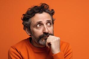 A man is being photographed on a solid background with a look of confusion on his face. photo