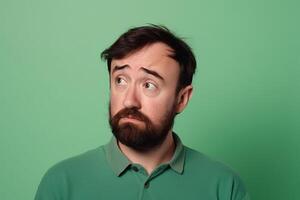 A man is being photographed on a solid background with a look of confusion on his face. photo