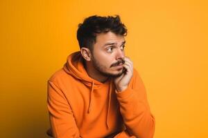 A man is being photographed on a solid background with a look of confusion on his face. photo
