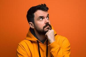 A man is being photographed on a solid background with a look of confusion on his face. photo