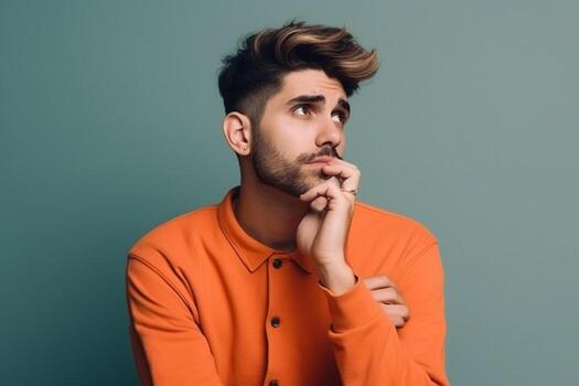 A man is being photographed on a solid background with a look of confusion on his face. photo