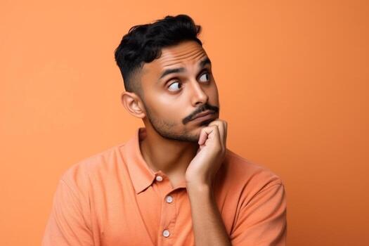 A man is being photographed on a solid background with a look of confusion on his face. photo