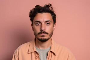 A man is being photographed on a solid background with a look of confusion on his face. photo