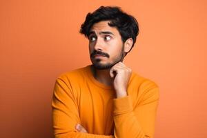 A man is being photographed on a solid background with a look of confusion on his face. photo