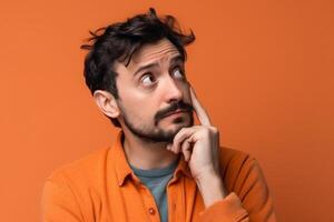 A man is being photographed on a solid background with a look of confusion on his face. photo