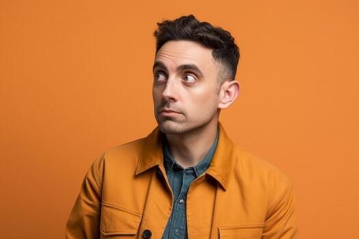 ai generativo un hombre es siendo fotografiado en un sólido antecedentes con un Mira de Confusión en su rostro. foto