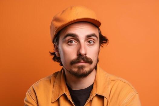 A man is being photographed on a solid background with a look of confusion on his face. photo