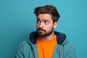 A man is being photographed on a solid background with a look of confusion on his face. photo