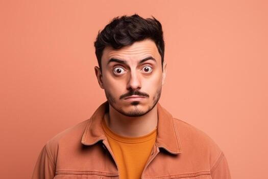 A man is being photographed on a solid background with a look of confusion on his face. photo
