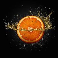 A slice of orange is being squeezed into a liquid splash. photo