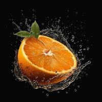 ai generativo un rebanada de naranja es siendo exprimido dentro un líquido chapoteo. foto