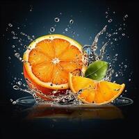 A slice of orange is being squeezed into a liquid splash. photo