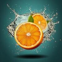 A slice of orange is being squeezed into a liquid splash. photo