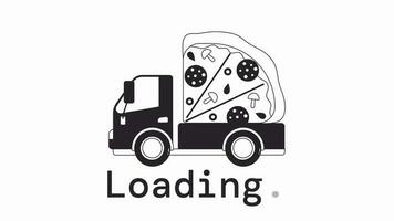 Pizza truck bw loader animation. Local pizzeria takeout, delivery. Flash message 4K video footage. Isolated monochrome loading progress indicator with alpha channel transparency for UI, UX web design