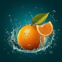 ai generativo un rebanada de naranja es siendo exprimido dentro un líquido chapoteo. foto