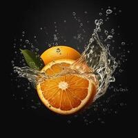 A slice of orange is being squeezed into a liquid splash. photo