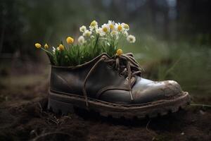 , Old boot with meadow spring flowers, handmade shoe planter. Environmental activism concept photo