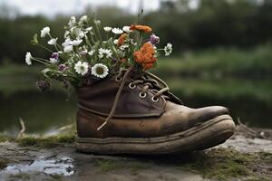 , Old boot with meadow spring flowers, handmade shoe planter. Environmental activism concept photo