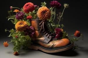 , Old boot with meadow spring flowers, handmade shoe planter. Environmental activism concept photo