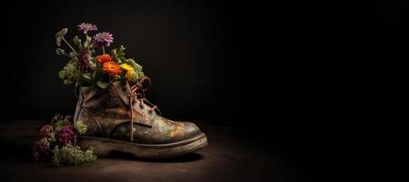 , Old boot with meadow spring flowers, handmade shoe planter. Environmental activism concept photo