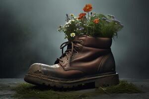 , Old boot with meadow spring flowers, handmade shoe planter. Environmental activism concept photo