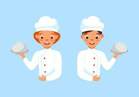 Vector smiling woman and man cook shef. Cartoon conceptual illustration isolated on white background with cute girl and boy character. Restaurant or cafe cooking logo design.