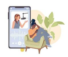 Listening to podcast on mobile phone flat concept vector spot illustration. Student watching episode. Editable 2D cartoon character on white for web design. Hobby creative idea for website, mobile app