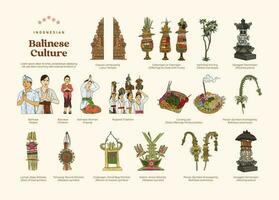 Isolated set of indonesian Balinese culture and Tourism hand drawn illustration vector