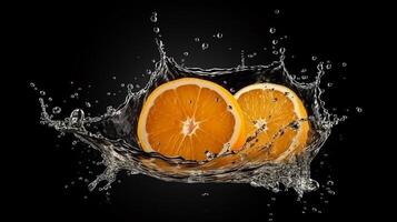 A slice of orange is being squeezed into a liquid splash photo
