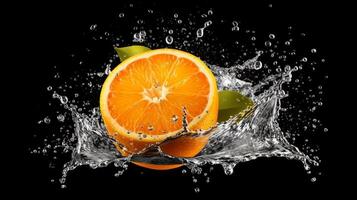 A slice of orange is being squeezed into a liquid splash photo