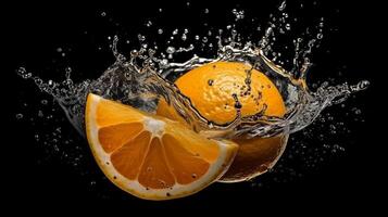 A slice of orange is being squeezed into a liquid splash photo